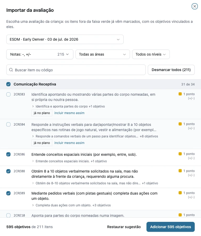 Importação de objetivos a partir dos itens e pontuações da avaliação