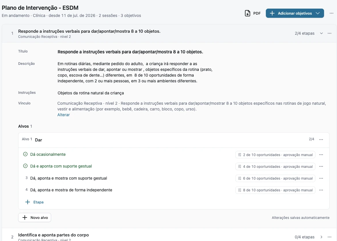 Objetivo do plano com alvos, etapas e critérios de domínio