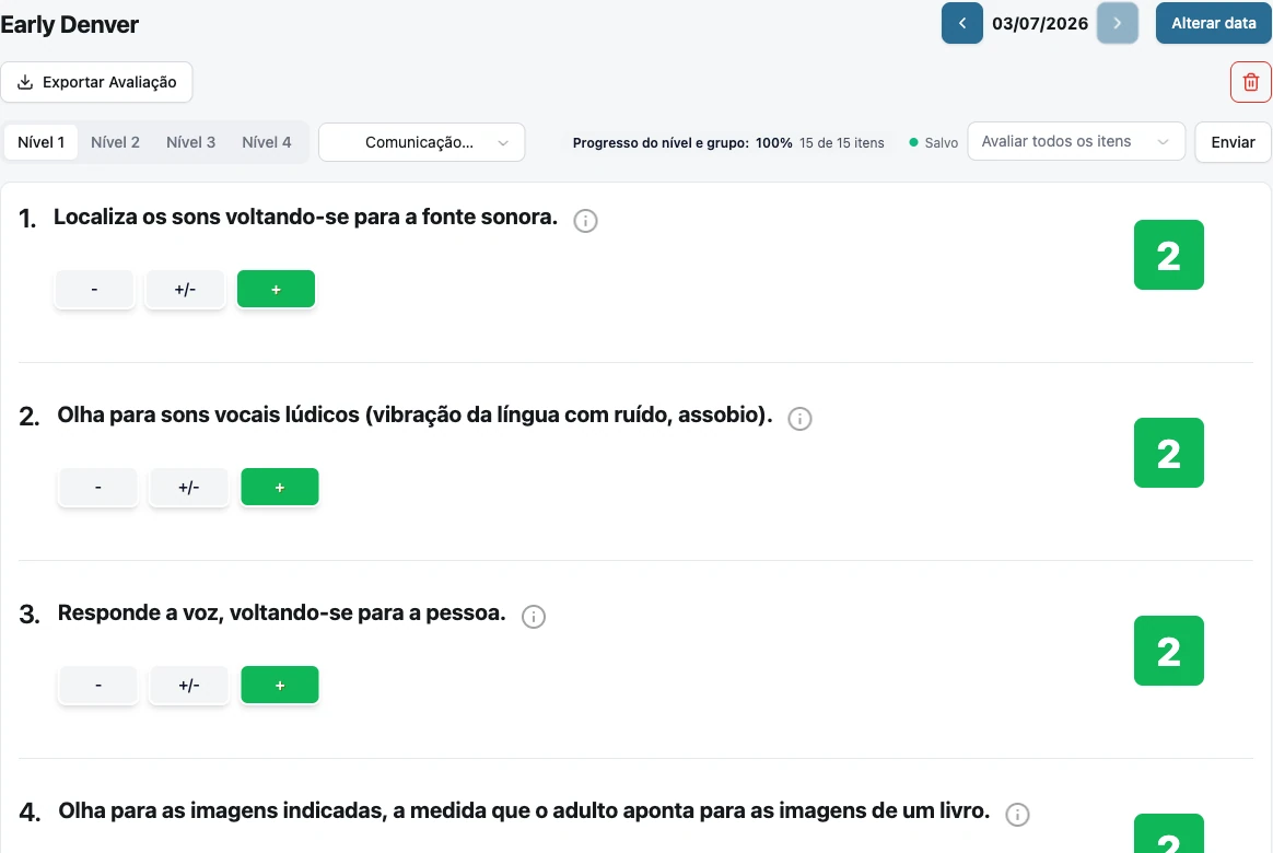 Checklist de avaliação ESDM por nível e domínio no Proaba