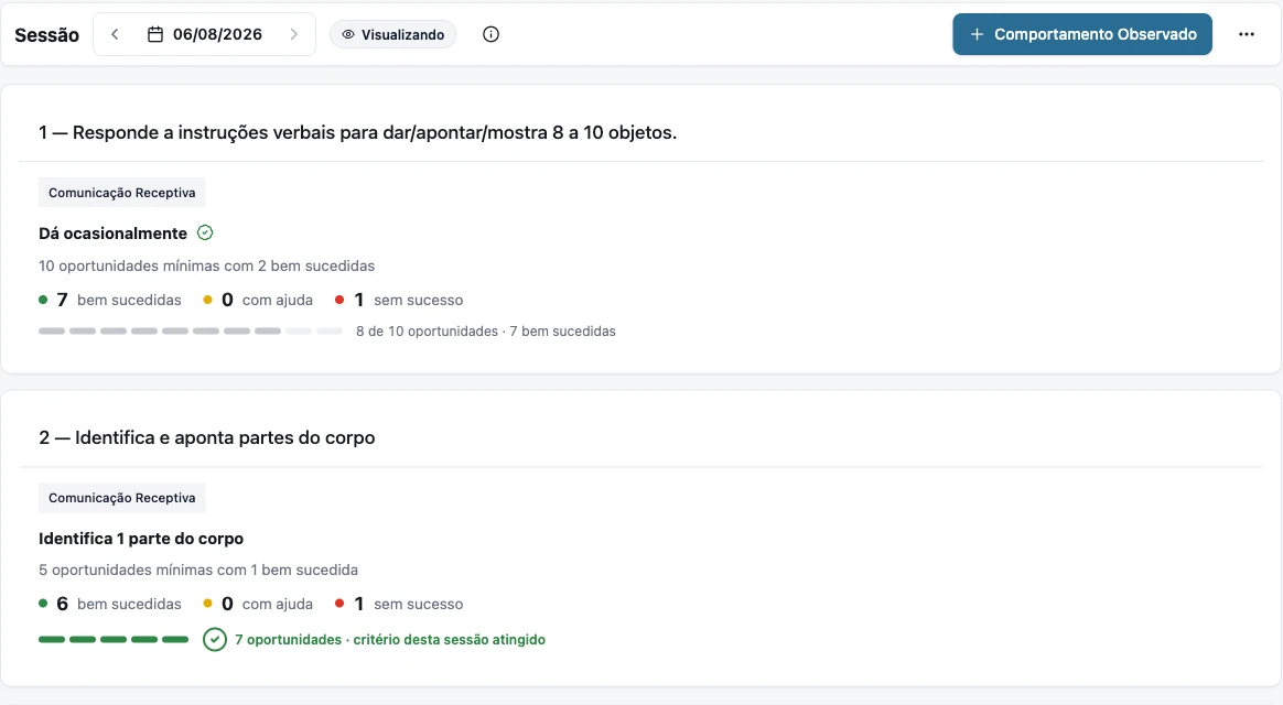Tela de registro da sessão com etapas do plano e oportunidades