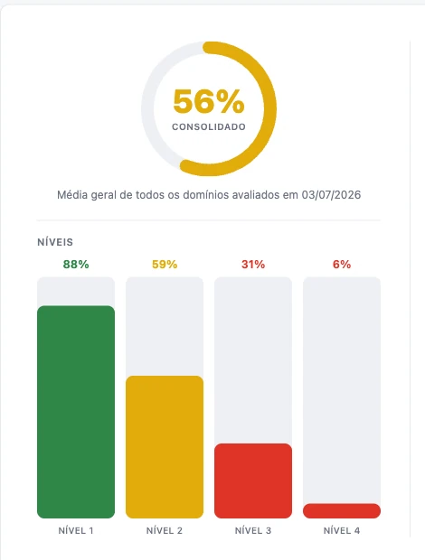 Painel da avaliação com percentual consolidado e evolução por nível
